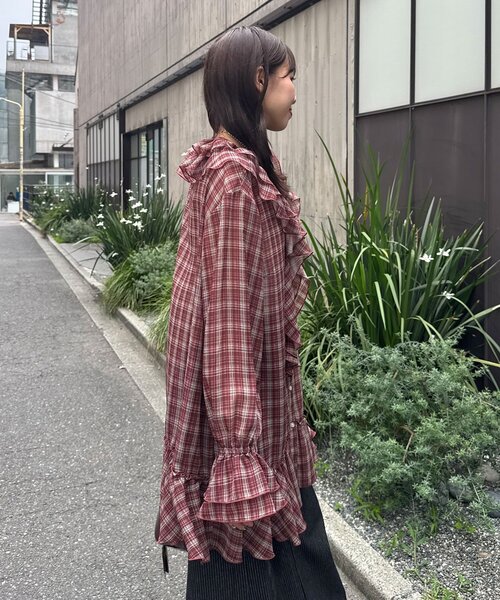 CIAOPANIC（チャオパニック）の「ラッフル付け襟チェックシアーチュニックブラウス（シャツ/ブラウス・レディース・ネイビー/ブラック/レッド・ONE SIZE）」の22枚目の写真