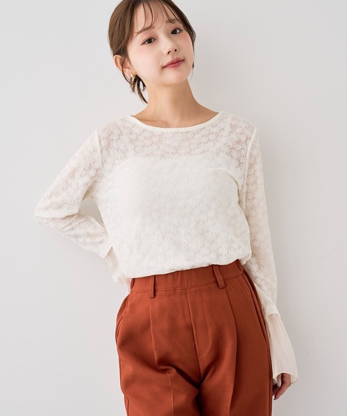 mil(ミル)の「花柄 シアージャガード フレアスリーブトップス / 長袖【588207】(Tシャツ/カットソー・レディース・オフホワイト/ブラック・XS/S)」の7枚目の写真