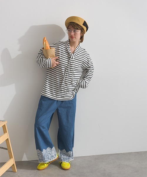 Figgle（フィグル）の「ボーダー 天竺 ボウタイ付き プルオーバー（Tシャツ/カットソー・レディース・オフホワイト/ネイビー・FREE）」の5枚目の写真