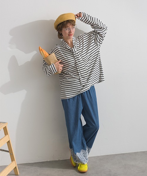 Figgle（フィグル）の「ボーダー 天竺 ボウタイ付き プルオーバー（Tシャツ/カットソー・レディース・オフホワイト/ネイビー・FREE）」の6枚目の写真