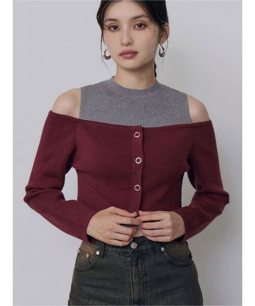 MURUA(ムルーア)の「オフショルカーデドッキングリブニット 冬服(ニット/セーター・レディース・ブラック/グレー/グリーン/ボルドー・FREE)」の4枚目の写真