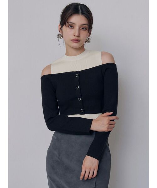 MURUA(ムルーア)の「オフショルカーデドッキングリブニット 冬服(ニット/セーター・レディース・ブラック/グレー/グリーン/ボルドー・FREE)」の5枚目の写真