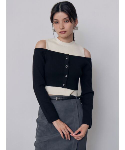 MURUA(ムルーア)の「オフショルカーデドッキングリブニット 冬服(ニット/セーター・レディース・ブラック/グレー/グリーン/ボルドー・FREE)」の7枚目の写真