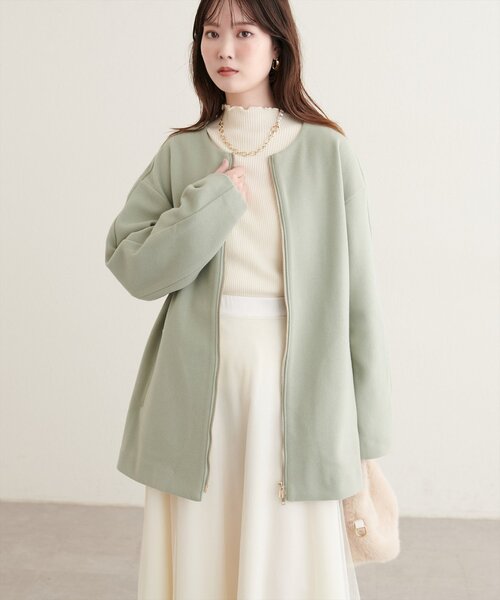 natural couture(ナチュラルクチュール)の「フロントZIPデザインミドルコート(ノーカラーコート・レディース・ブラック/チャコールグレー/ブラウン/オフホワイト/サックスブルー/グレイッシュベージュ/モカ/ミント・FREE)」の22枚目の写真