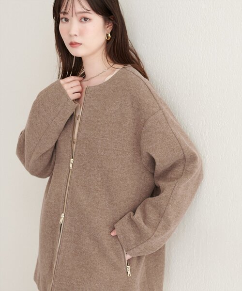 natural couture(ナチュラルクチュール)の「フロントZIPデザインミドルコート(ノーカラーコート・レディース・ブラック/チャコールグレー/ブラウン/オフホワイト/サックスブルー/グレイッシュベージュ/モカ/ミント・FREE)」の18枚目の写真