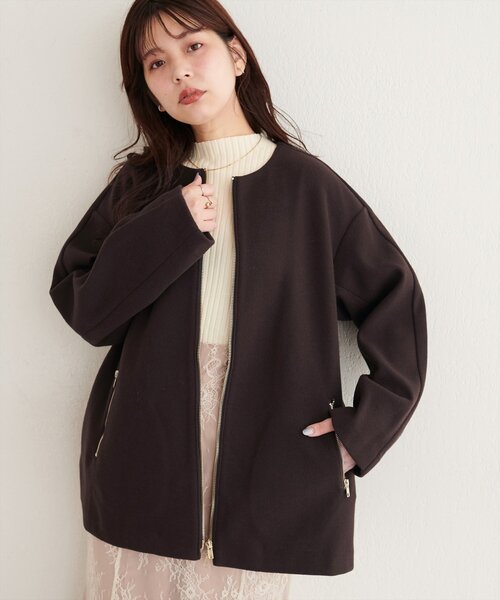 natural couture(ナチュラルクチュール)の「フロントZIPデザインミドルコート(ノーカラーコート・レディース・ブラック/チャコールグレー/ブラウン/オフホワイト/サックスブルー/グレイッシュベージュ/モカ/ミント・FREE)」の15枚目の写真