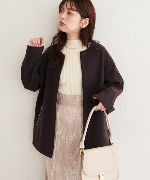 natural couture(ナチュラルクチュール)の「フロントZIPデザインミドルコート(ノーカラーコート・レディース・ブラック/チャコールグレー/ブラウン/オフホワイト/サックスブルー/グレイッシュベージュ/モカ/ミント・FREE)」の14枚目の写真