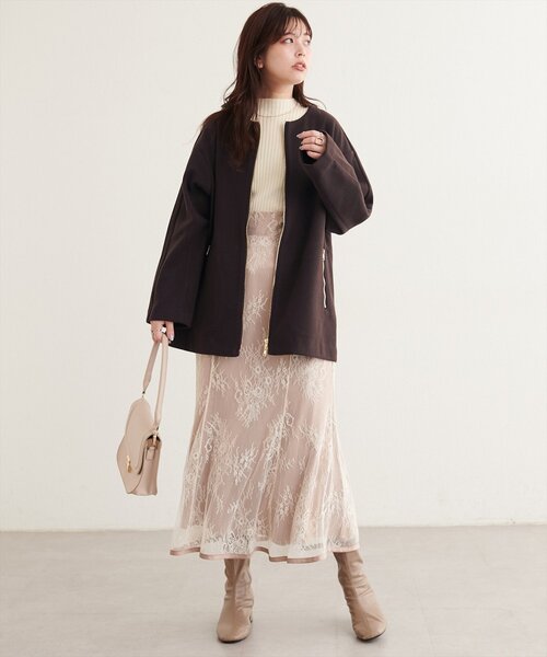 natural couture(ナチュラルクチュール)の「フロントZIPデザインミドルコート(ノーカラーコート・レディース・ブラック/チャコールグレー/ブラウン/オフホワイト/サックスブルー/グレイッシュベージュ/モカ/ミント・FREE)」の13枚目の写真