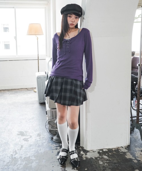 WEGO(ウィゴー)の「WEGO/【26年秋冬新作】キャミレイヤードレースアップロンT(Tシャツ/カットソー・レディース・パープル/ホワイト/グリーン系その他・FREE)」の15枚目の写真