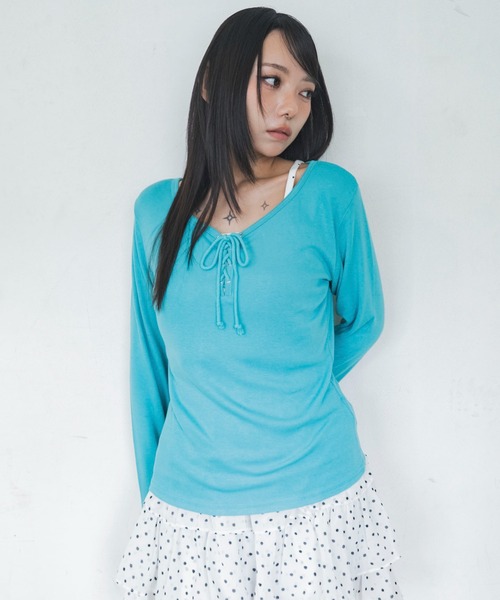 WEGO(ウィゴー)の「WEGO/【26年秋冬新作】キャミレイヤードレースアップロンT(Tシャツ/カットソー・レディース・パープル/ホワイト/グリーン系その他・FREE)」の20枚目の写真