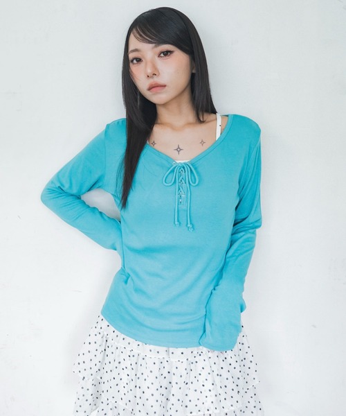 WEGO(ウィゴー)の「WEGO/【26年秋冬新作】キャミレイヤードレースアップロンT(Tシャツ/カットソー・レディース・パープル/ホワイト/グリーン系その他・FREE)」の21枚目の写真