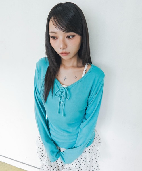 WEGO(ウィゴー)の「WEGO/【26年秋冬新作】キャミレイヤードレースアップロンT(Tシャツ/カットソー・レディース・パープル/ホワイト/グリーン系その他・FREE)」の22枚目の写真
