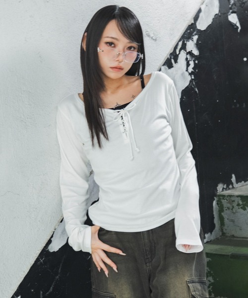 WEGO(ウィゴー)の「WEGO/【26年秋冬新作】キャミレイヤードレースアップロンT(Tシャツ/カットソー・レディース・パープル/ホワイト/グリーン系その他・FREE)」の8枚目の写真