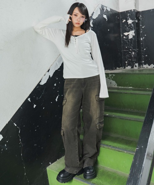WEGO(ウィゴー)の「WEGO/【26年秋冬新作】キャミレイヤードレースアップロンT(Tシャツ/カットソー・レディース・パープル/ホワイト/グリーン系その他・FREE)」の9枚目の写真