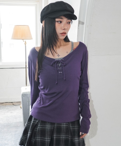 WEGO(ウィゴー)の「WEGO/【26年秋冬新作】キャミレイヤードレースアップロンT(Tシャツ/カットソー・レディース・パープル/ホワイト/グリーン系その他・FREE)」の11枚目の写真