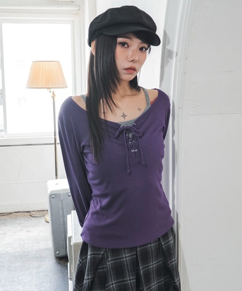 WEGO(ウィゴー)の「WEGO/【26年秋冬新作】キャミレイヤードレースアップロンT(Tシャツ/カットソー・レディース・パープル/ホワイト/グリーン系その他・FREE)」の12枚目の写真