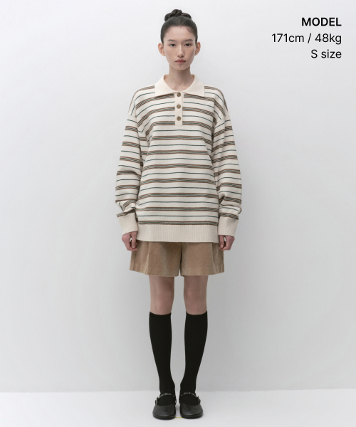 MUSINSA STANDARD WOMAN（ムシンサスタンダードウーマン）の「ウィメンズマルチストライプカラー付きチュニックニット[クリーム]（ニット/セーター・レディース・その他・MEDIUM/LARGE/SMALL）」の2枚目の写真