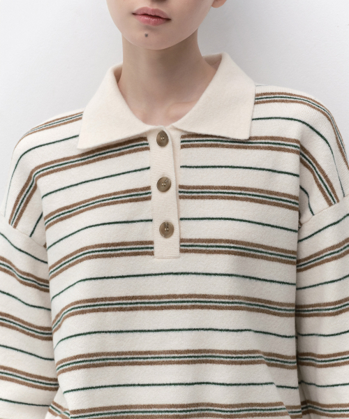 MUSINSA STANDARD WOMAN（ムシンサスタンダードウーマン）の「ウィメンズマルチストライプカラー付きチュニックニット[クリーム]（ニット/セーター・レディース・その他・MEDIUM/LARGE/SMALL）」の4枚目の写真