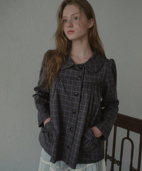 OURNOSTALGIA(アワー ノスタルジア)の「Colette Check Shirring Jacket_Charcoal(OB6OT05)(その他アウター・レディース・チャコール・FREE)」の1枚目の写真