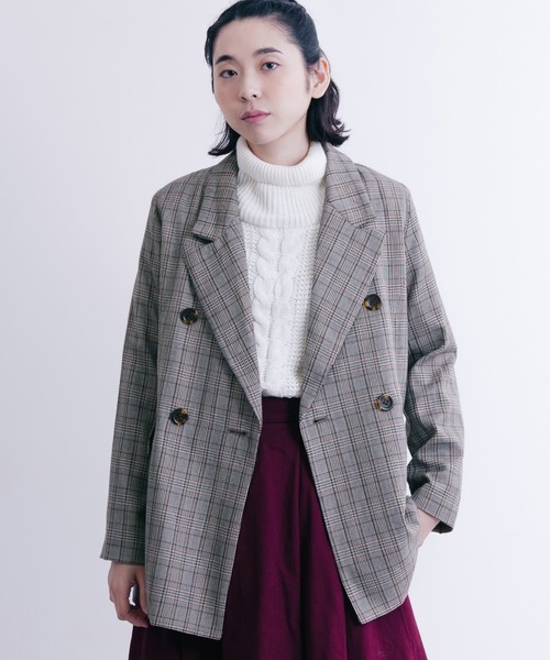 MERLOT（メルロー）の「グレンチェック柄ダブルブレストジャケット650-9527（テーラードジャケット・レディース・ホワイト/ブラウン・FREE）」の2枚目の写真