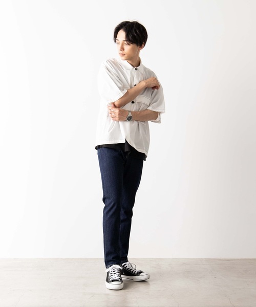 WEGO（ウィゴー）の「WEGO/配色ステッチ5分袖ワークポプリンシャツ（シャツ/ブラウス・メンズ・ベージュ/ホワイト/ブラック・MEDIUM/LARGE）」の8枚目の写真