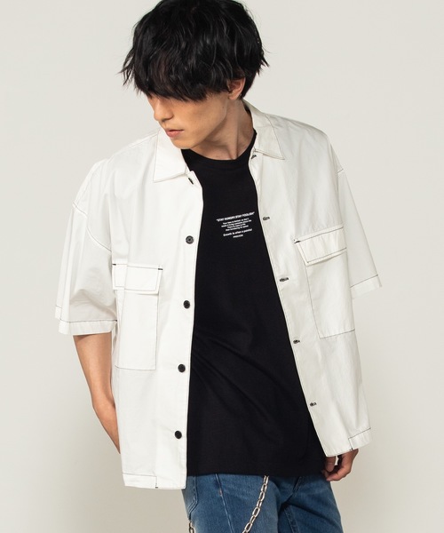 WEGO（ウィゴー）の「WEGO/配色ステッチ5分袖ワークポプリンシャツ（シャツ/ブラウス・メンズ・ベージュ/ホワイト/ブラック・MEDIUM/LARGE）」の13枚目の写真