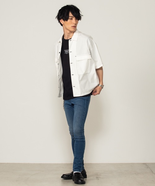 WEGO（ウィゴー）の「WEGO/配色ステッチ5分袖ワークポプリンシャツ（シャツ/ブラウス・メンズ・ベージュ/ホワイト/ブラック・MEDIUM/LARGE）」の12枚目の写真