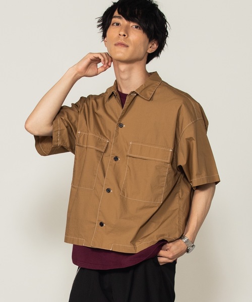 WEGO（ウィゴー）の「WEGO/配色ステッチ5分袖ワークポプリンシャツ（シャツ/ブラウス・メンズ・ベージュ/ホワイト/ブラック・MEDIUM/LARGE）」の21枚目の写真