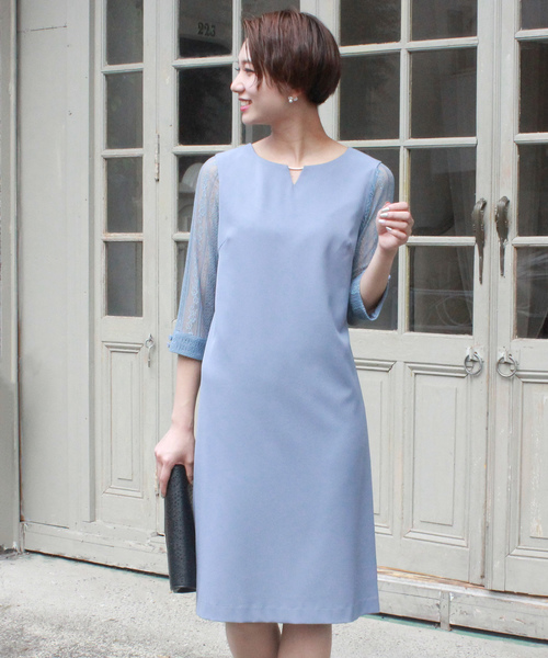 ドレスプレート付袖レースiラインワンピース ドレス Trudea トルディア のファッション