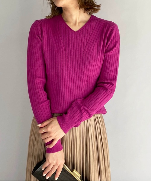 PICCIN（ピッチン）の「太リブVネックニット（ニット/セーター・レディース・ベージュ/パープル/オフホワイト/ブルー/ブルーグレー・M）」の13枚目の写真