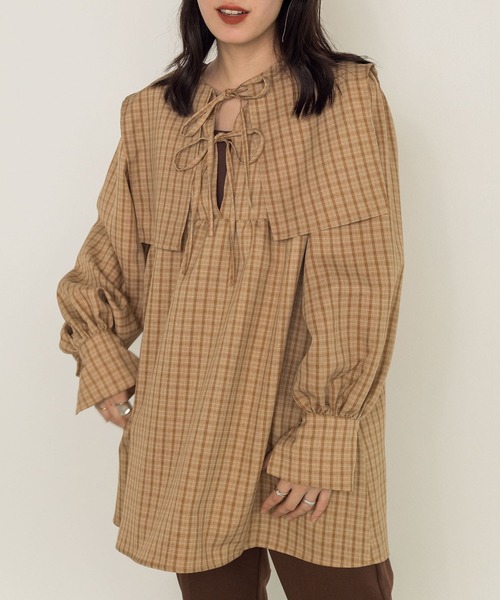 w closet(ダブルクローゼット)の「【新色追加】2WAYBIGカラーチュニック(チュニック・レディース・ブラウン/オフホワイト/チェック/キナリ/ベージュ/ブラック・FREE)」の5枚目の写真
