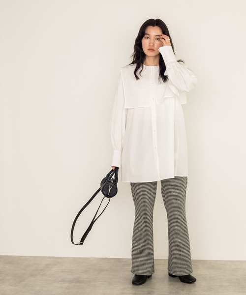w closet(ダブルクローゼット)の「【新色追加】2WAYBIGカラーチュニック(チュニック・レディース・ブラウン/オフホワイト/チェック/キナリ/ベージュ/ブラック・FREE)」の7枚目の写真