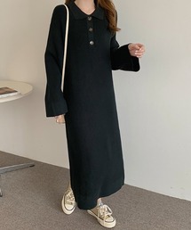 ポロ衿ロングニットワンピース