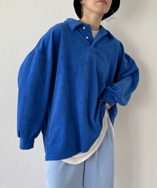 トレーナー スウェット over size polo design pile tops / オーバーサイズポロデザインパイルトップスニット レディース over size polo design pile tops / オーバーサイズポロデザイン