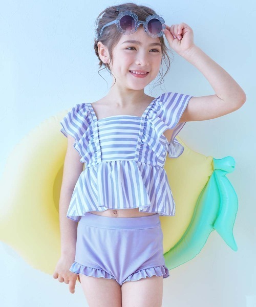 devirock(デビロック)の「UVカット えらべるデザイン ボリュームフリル セパレート水着(水着・キッズ・ブラック/ベージュ/ブルーグレー/グリーン系その他/パープル系その他/イエロー系その他/ピンク系その他/パープル系4/ブルー/パープル系/ピンク・110cm/100cm/120cm/130cm)」の9枚目の写真