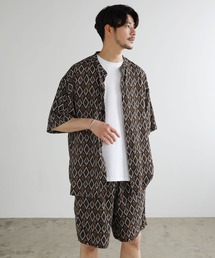 【巾着付き3点セット】レーヨン半袖バンドカラーシャツ&ショートパンツ ショーツ セットアップ