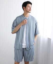 【巾着付き3点セット】レーヨン半袖バンドカラーシャツ&ショートパンツ ショーツ セットアップ