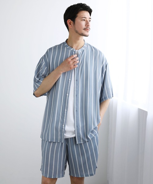 LIL VENDARS（リルヴェンダース）の「【巾着付き3点セット】レーヨン半袖バンドカラーシャツ＆ショートパンツ ショーツ セットアップ（シャツ/ブラウス・メンズ・チャコールグレー/ライトグレー/ブラック/ネイビー/カーキ/ブルー/アッシュ/ブラック系/グレー系/ブラウン系/サックスブルー系/ストライプ/アイボリー/ブラック系1・M/L/XL）」の13枚目の写真