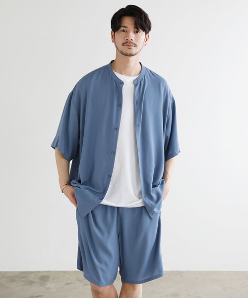 LIL VENDARS（リルヴェンダース）の「【巾着付き3点セット】レーヨン半袖バンドカラーシャツ＆ショートパンツ ショーツ セットアップ（シャツ/ブラウス・メンズ・チャコールグレー/ライトグレー/ブラック/ネイビー/カーキ/ブルー/アッシュ/ブラック系/グレー系/ブラウン系/サックスブルー系/ストライプ/アイボリー/ブラック系1・M/L/XL）」の12枚目の写真