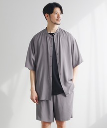 【巾着付き3点セット】レーヨン半袖バンドカラーシャツ&ショートパンツ ショーツ セットアップ