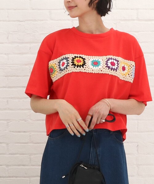 Cutie Blonde(キューティーブロンド)の「◆クロシェモチーフTシャツ(Tシャツ/カットソー・レディース・オレンジ/ブラック/オリーブ/オフホワイト・00)」の1枚目の写真