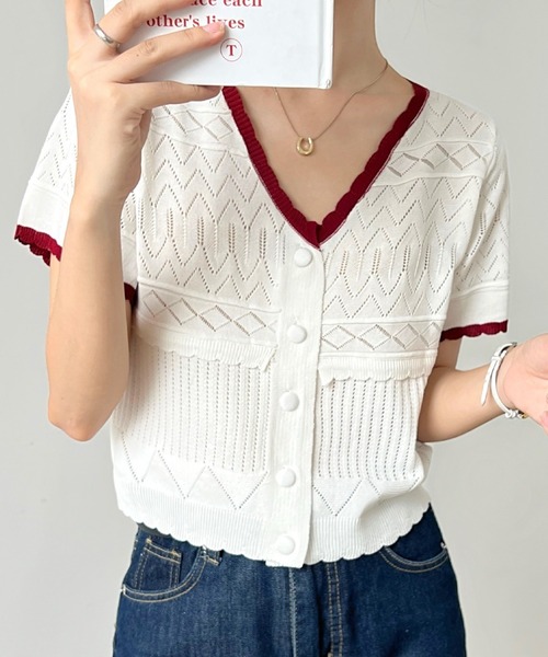 LAFFMO（ラフモ）の「バイカラーカーディガン（カーディガン/ボレロ・レディース・ホワイト/ピンク/イエロー/ブルー・FREE）」の2枚目の写真