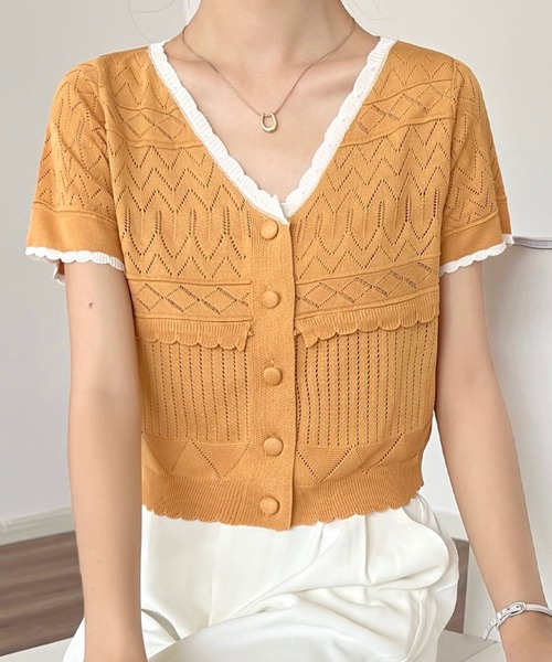 LAFFMO（ラフモ）の「バイカラーカーディガン（カーディガン/ボレロ・レディース・ホワイト/ピンク/イエロー/ブルー・FREE）」の4枚目の写真