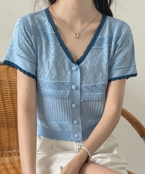 LAFFMO（ラフモ）の「バイカラーカーディガン（カーディガン/ボレロ・レディース・ホワイト/ピンク/イエロー/ブルー・FREE）」の3枚目の写真