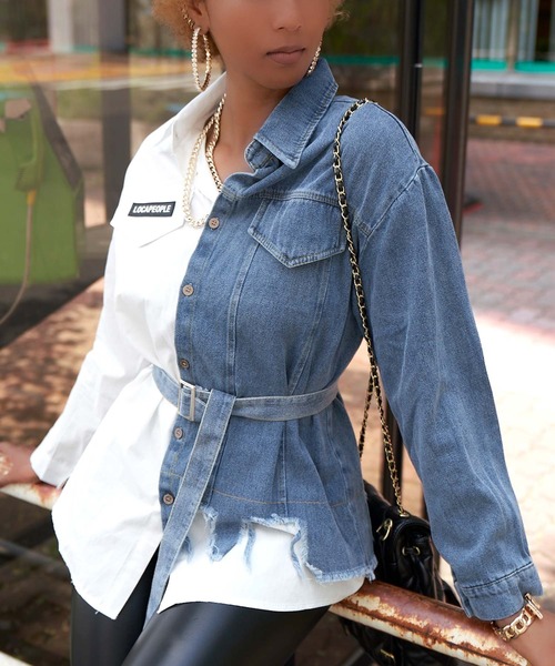 babyShoop（ベイビーシュープ）の「デニム切り替えシャツ（シャツ/ブラウス・レディース・ブラック/ホワイト・FREE）」の2枚目の写真