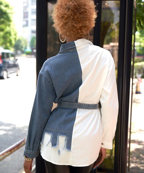 babyShoop（ベイビーシュープ）の「デニム切り替えシャツ（シャツ/ブラウス・レディース・ブラック/ホワイト・FREE）」の4枚目の写真