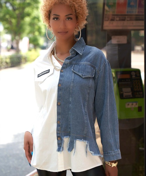 babyShoop（ベイビーシュープ）の「デニム切り替えシャツ（シャツ/ブラウス・レディース・ブラック/ホワイト・FREE）」の5枚目の写真