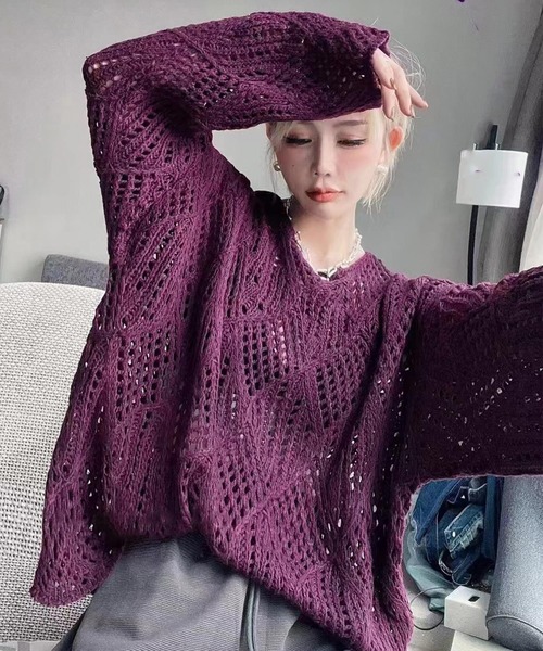 DAY CLOSET(デイ クローゼット)の「レディース ドロップショルダー透かし編みニットセーター(ニット/セーター・レディース・キナリ/ブラウン/パープル/ブラック・ONE SIZE)」の4枚目の写真