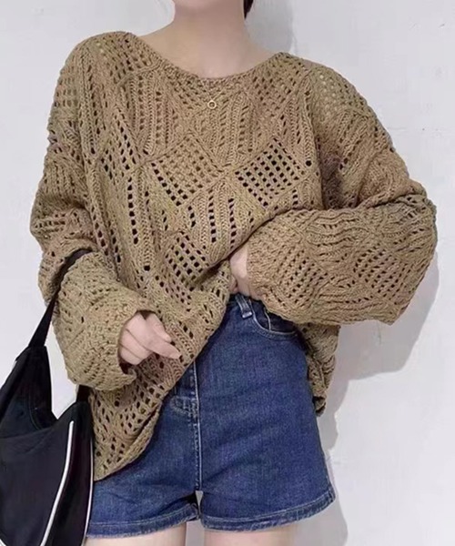 DAY CLOSET(デイ クローゼット)の「レディース ドロップショルダー透かし編みニットセーター(ニット/セーター・レディース・キナリ/ブラウン/パープル/ブラック・ONE SIZE)」の3枚目の写真