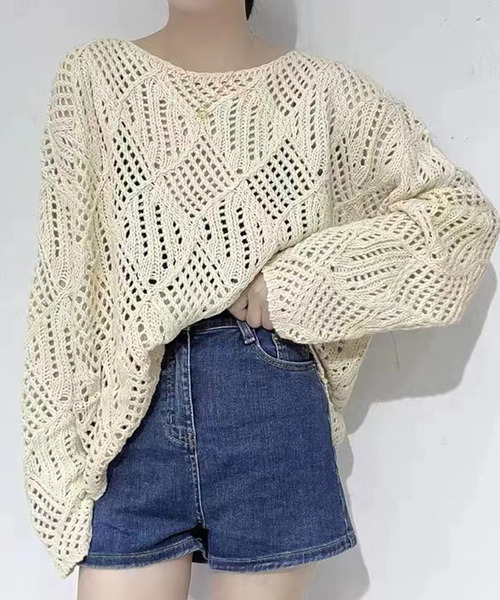DAY CLOSET(デイ クローゼット)の「レディース ドロップショルダー透かし編みニットセーター(ニット/セーター・レディース・キナリ/ブラウン/パープル/ブラック・ONE SIZE)」の1枚目の写真
